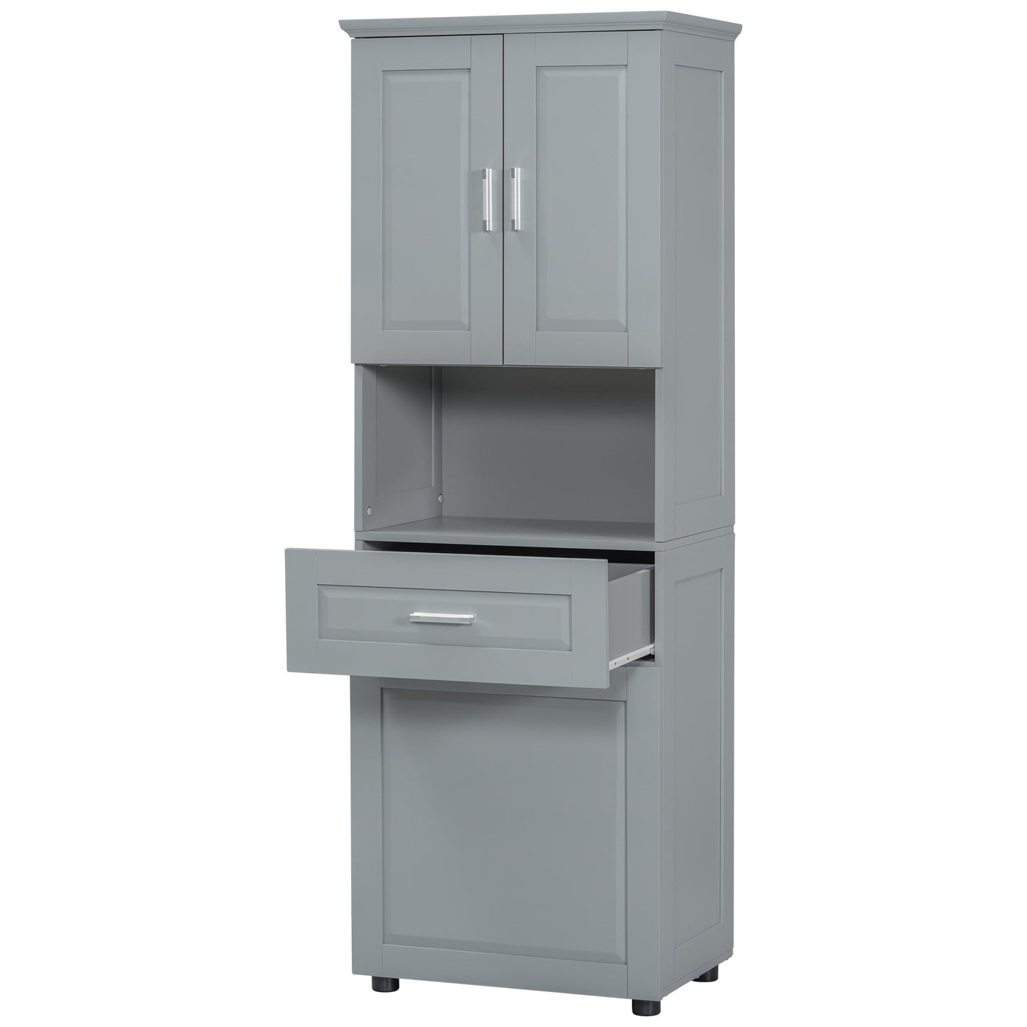 Tall Grey Storage Cabinet with Removable Laundry Hamper, Multi-Functional Upper Shelves and Cabinet Doors