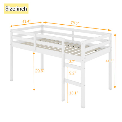 Contemporary Rubber Wood Twin Loft Bed with Ladder and Spacious Storage, White Finish