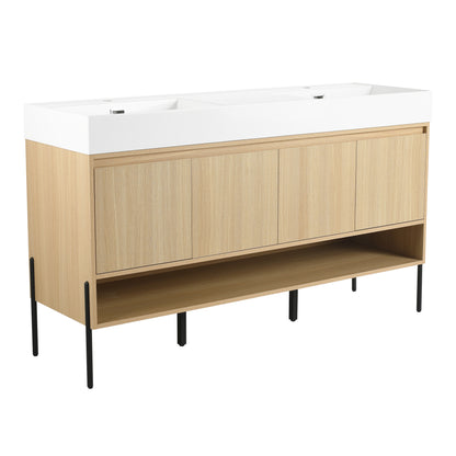60-Inch Modern Oak Bathroom Vanity Set with Single Resin Sink and 4-Door Storage Cabinet