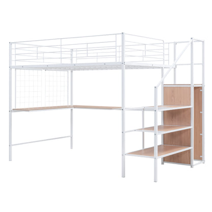 Stylish Full Size Metal Loft Bed with Integrated Desk and Storage Solutions in White