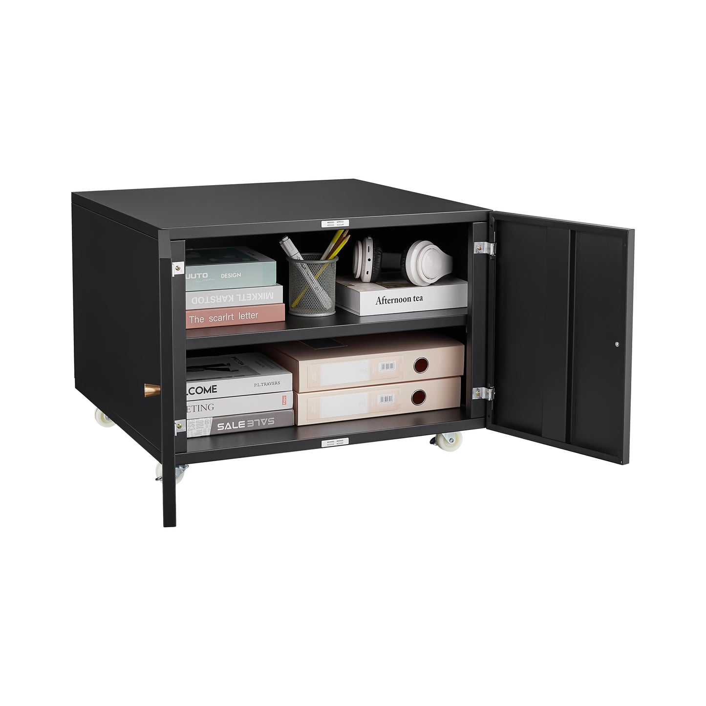 Mobile Black Steel Copier Cabinet with 2 Doors and Adjustable Storage