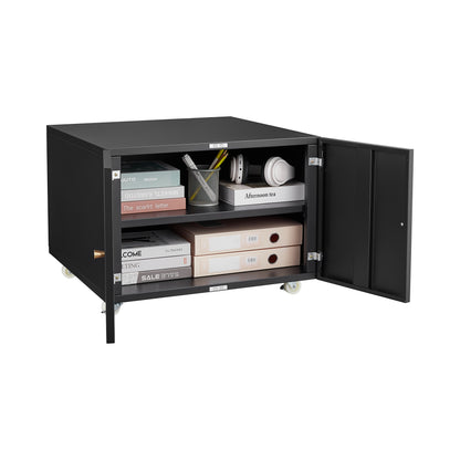Mobile Black Steel Copier Cabinet with 2 Doors and Adjustable Storage
