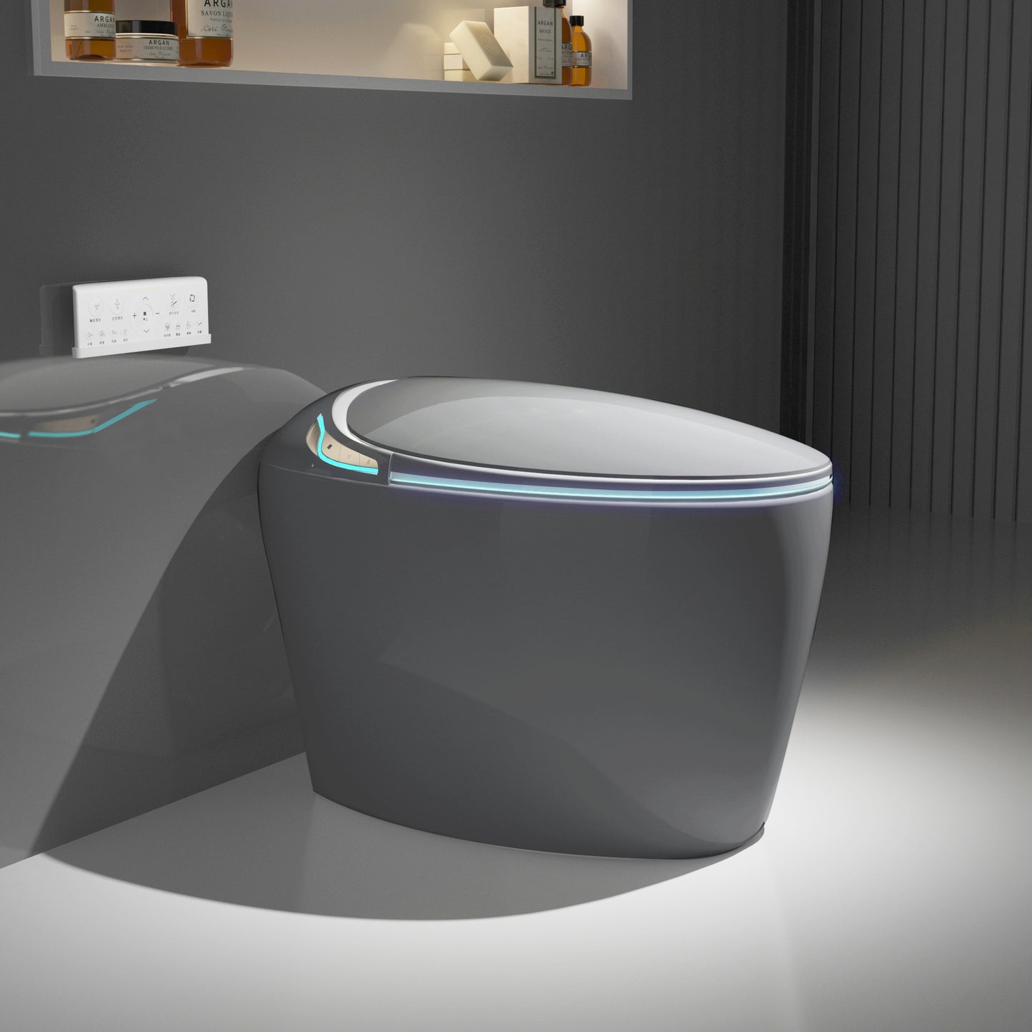 Modern Intelligent One-Piece Smart Toilet with Built-In Bidet, Auto Open/Close Seat, Foot Sensor, LED Night Light, Warm Water & Dryer, Grey Finish