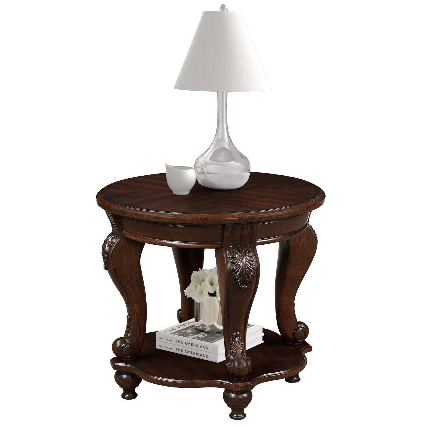 22-Inch Round End Table with Shelf, Solid Rubber Wood & MDF Veneer, Easy Assembly Sofa Table, Cherry