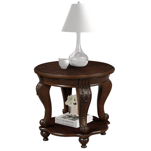 22-Inch Round End Table with Shelf, Solid Rubber Wood & MDF Veneer, Easy Assembly Sofa Table, Cherry