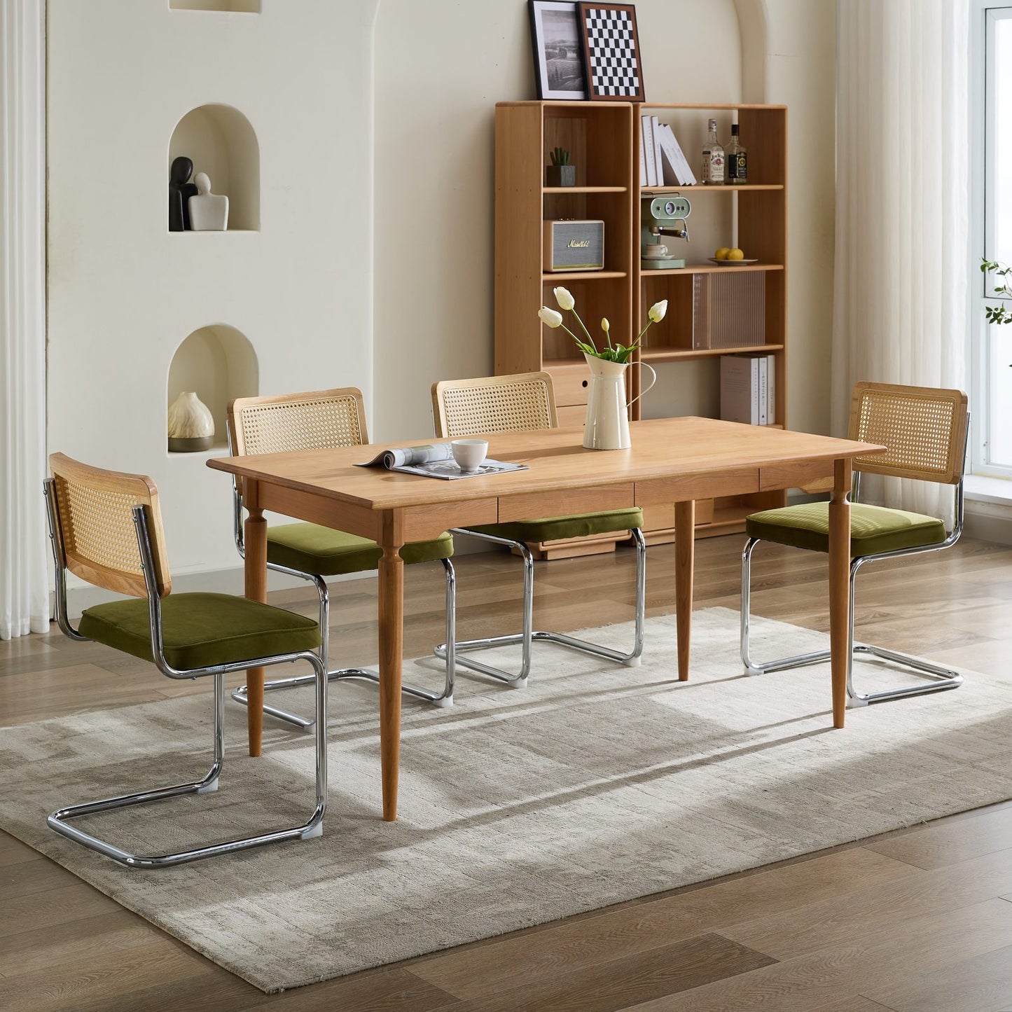 Set of 2 Velvet Dining Chairs with Rattan Back and Cantilever Chrome Base, Mid-Century Style, Olive Green
