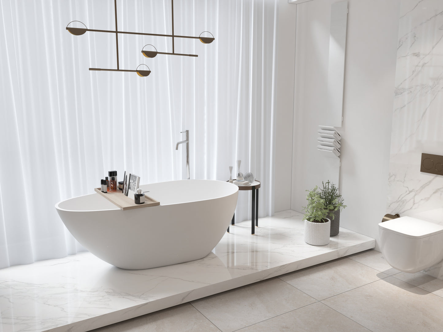 Luxury 67" Freestanding Matte White Bathtub, Solid Surface Soaking Tub with Overflow and Pop-up Drain for Modern Bathrooms
