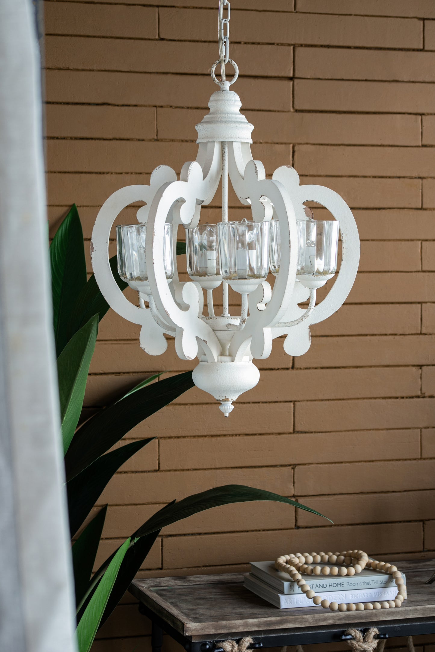 Farmhouse 6-Light Wood Chandelier Pendant with Adjustable Chain for Dining Room and Entryway Cream Finish