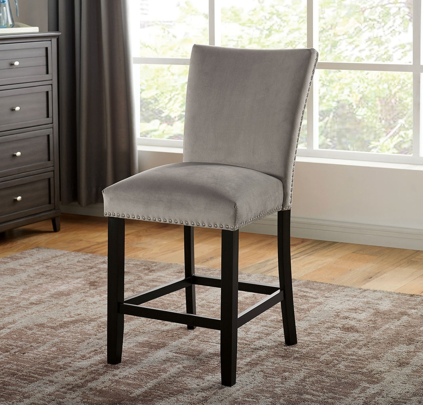 Attractive Set of 2pc Counter Height Chairs Dining Room Furniture Gray Flannelette Seat Nailhead Trim Kitchen Breakfast