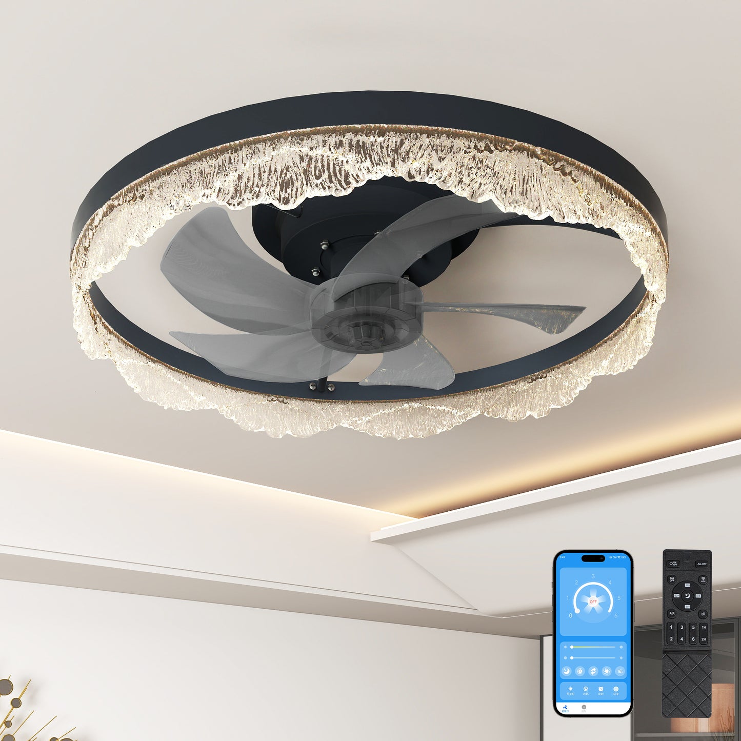 20-Inch LED Ceiling Fan Light Modern Flush Mount Remote Dimmable Acrylic Ring Hidden Blades Black