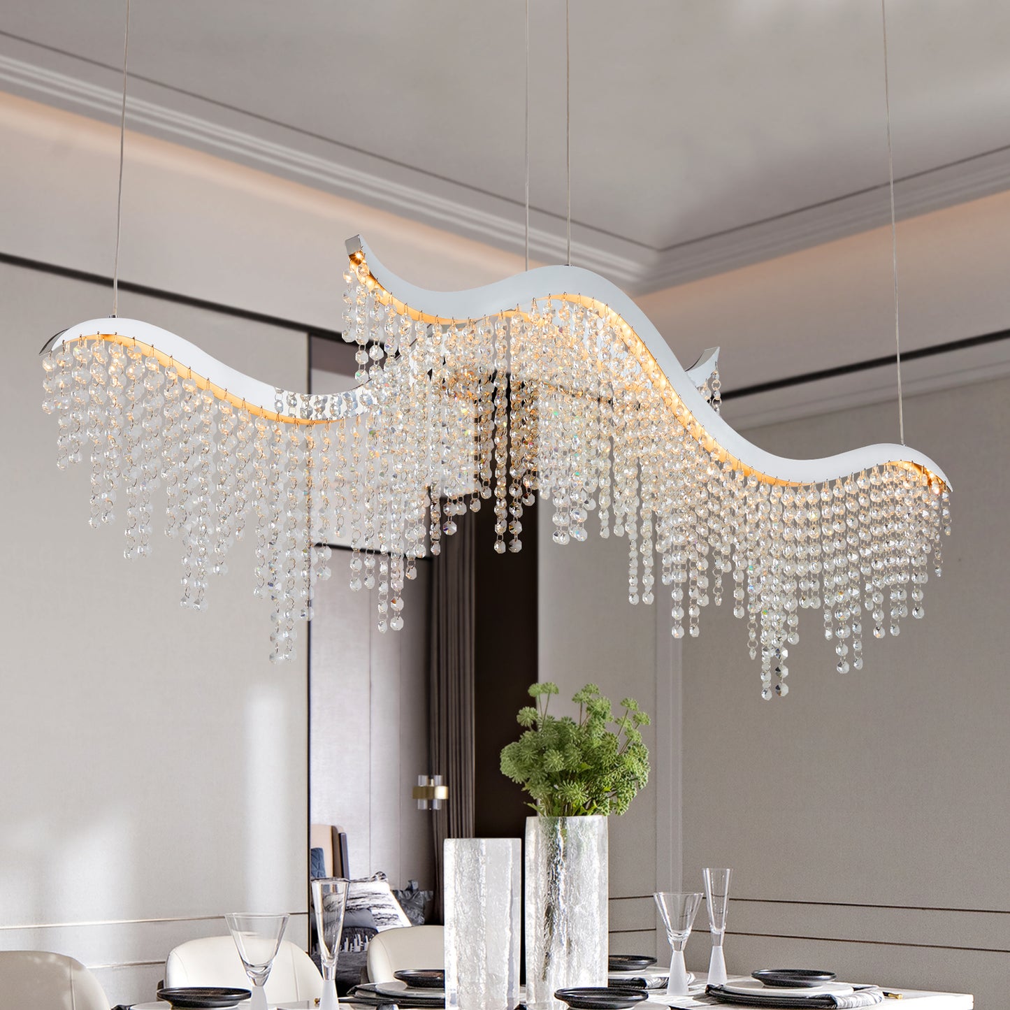 36.2-Inch Dangling Wave Crystal Chandelier, Stainless Steel Frame, LED, 110V, Adjustable Height Chrome