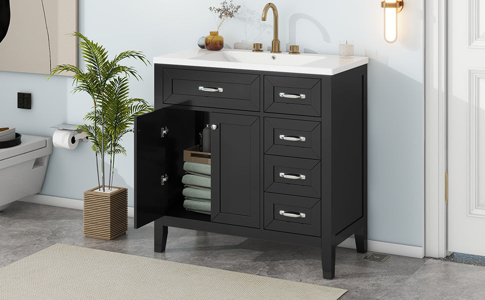 Stylish 36-Inch Black Bathroom Vanity with Integrated Sink, Durable MDF and Solid Wood Construction, Convenient Storage Drawers