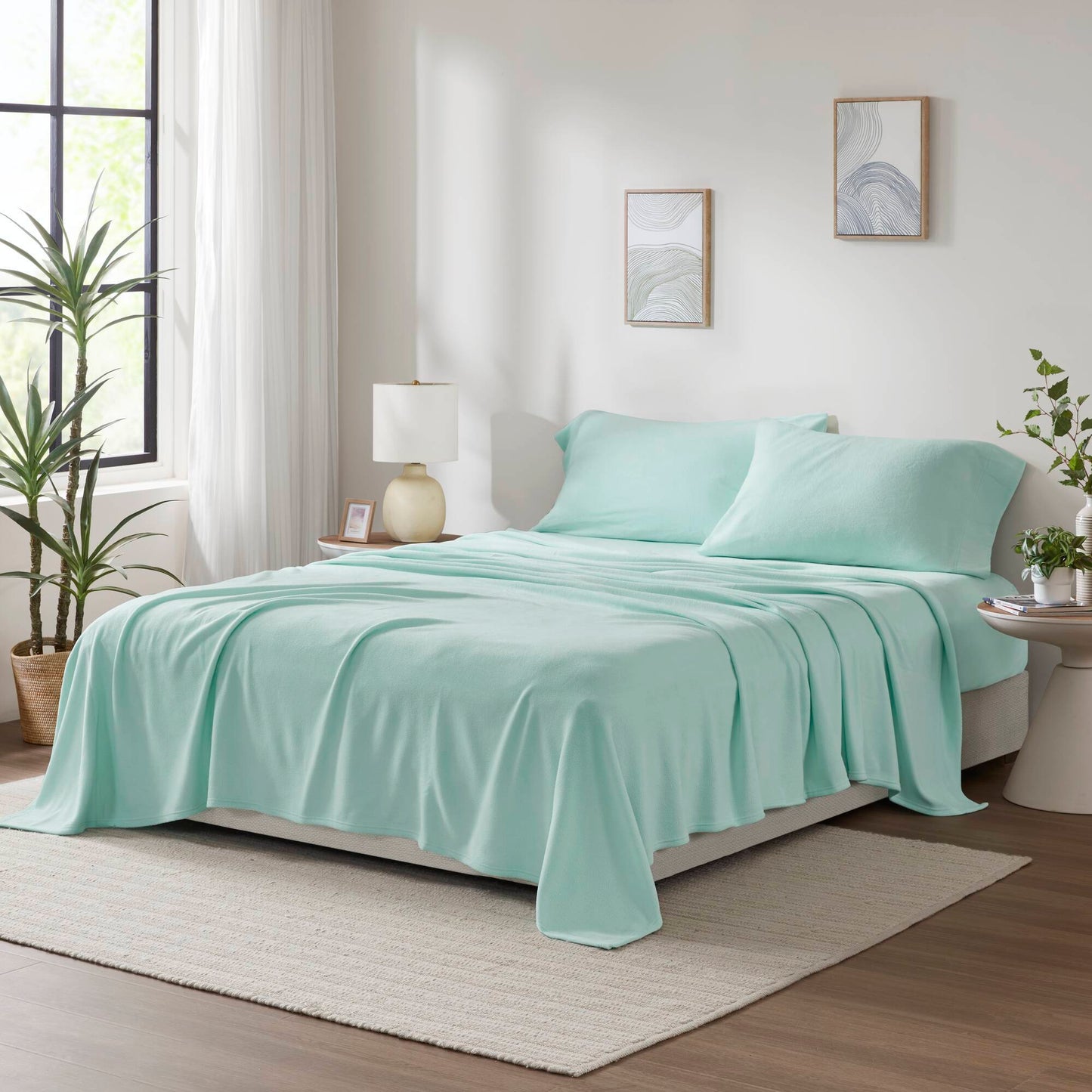 Queen Microfleece Sheet Set 4-Piece - 100% Polyester, Flat 90x102, Fitted 60x80, 2 Pillowcases Aqua