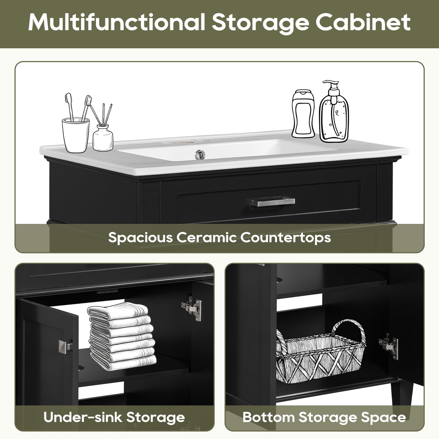 30-Inch Black Bathroom Vanity with Ceramic Sink, Soft-Close Doors, and Adjustable Storage Shelves