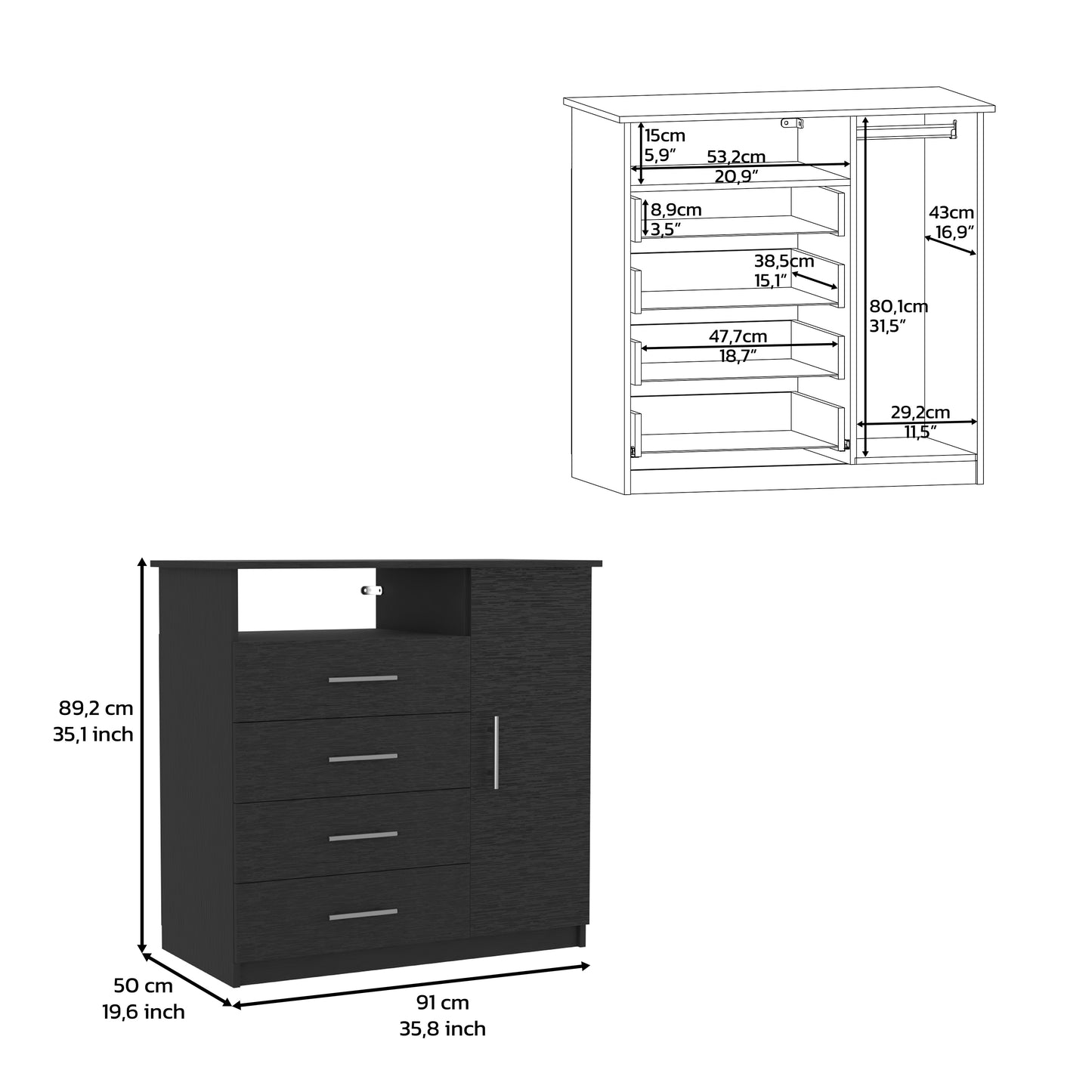 Sleek Black 4 Drawer Dresser with Open Shelf and Cabinet Storage