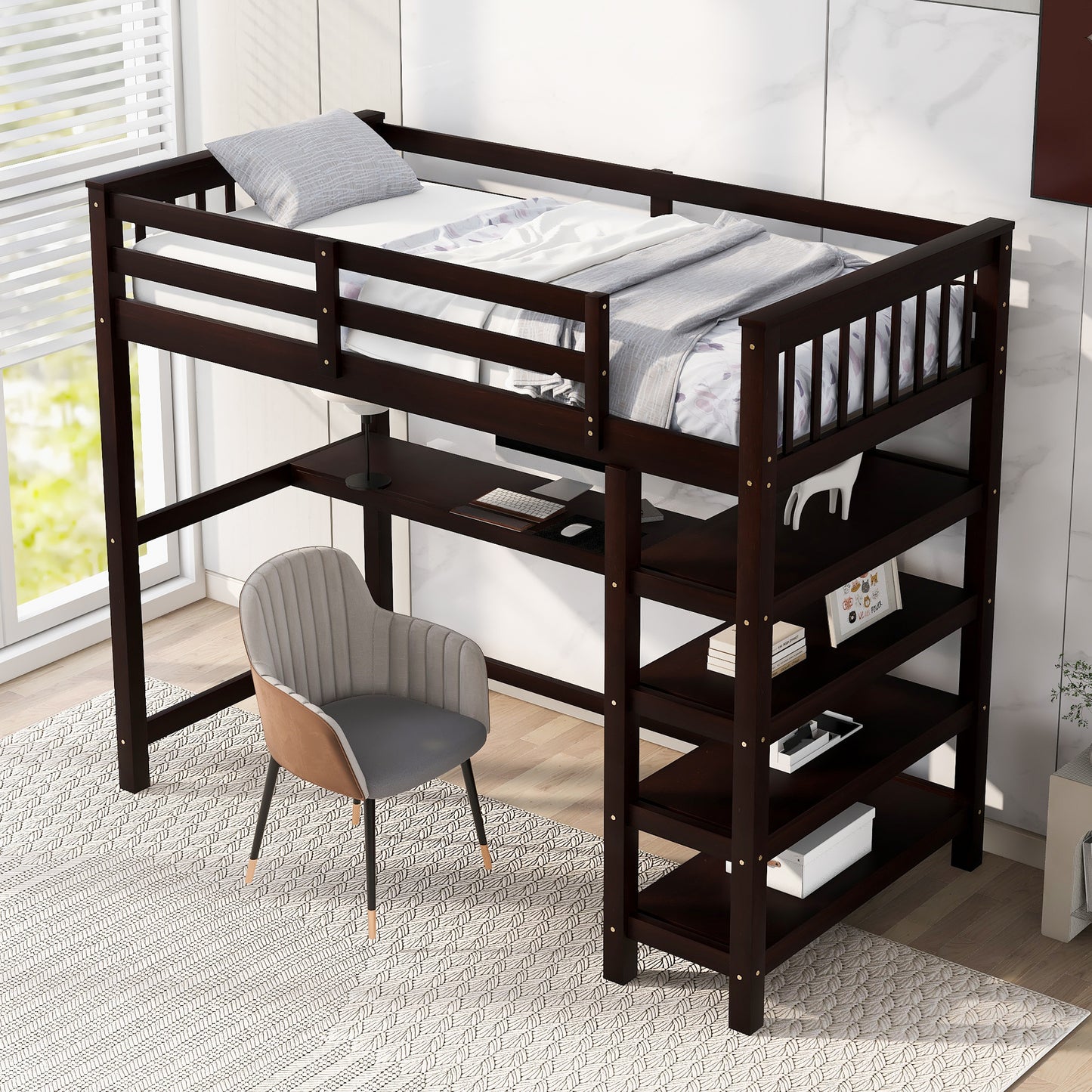 Espresso Twin Loft Bed with Integrated Workspace and Storage Shelves