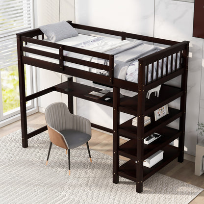 Espresso Twin Loft Bed with Integrated Workspace and Storage Shelves