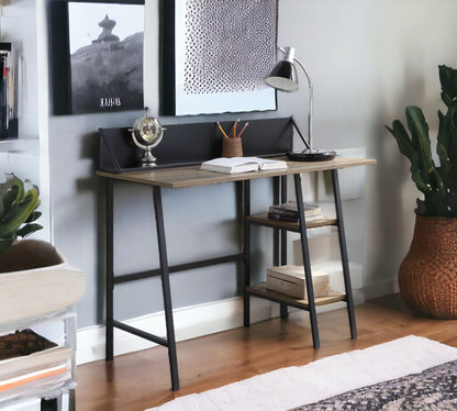 Modern Rustic Oak Writing Desk with Black Metal Legs and Storage Shelves