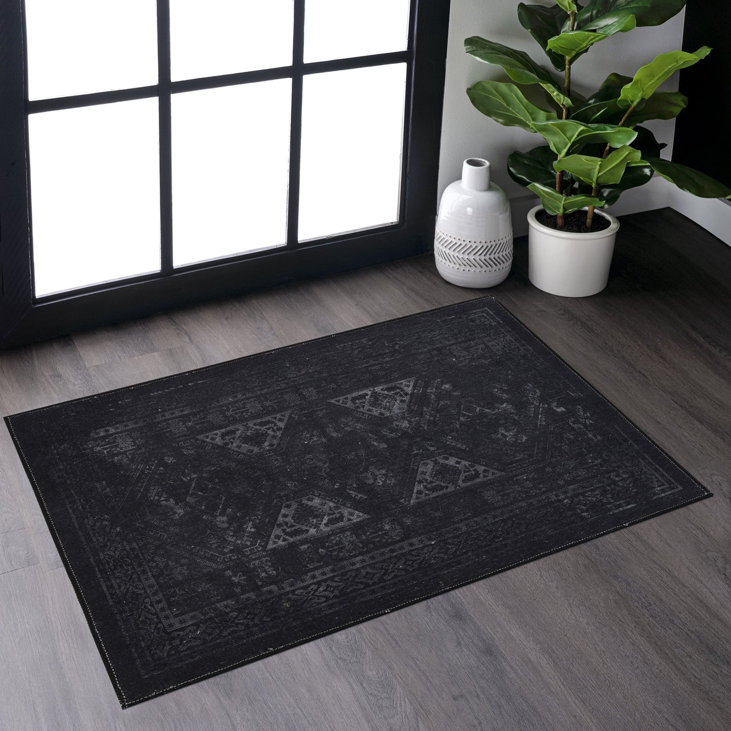 2x3 Machine Washable Area Rug - Non-Slip, Foldable, Kid & Pet Friendly, Non-Shedding Black & Gray