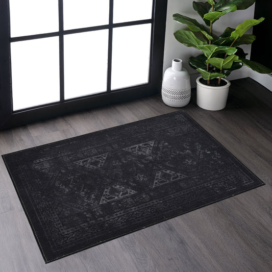 2x3 Machine Washable Area Rug - Non-Slip, Foldable, Kid & Pet Friendly, Non-Shedding Black & Gray
