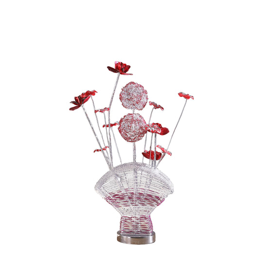 Aluminum Table Lamp with Four Red Rose Blossoms on a Fan Vase, LED Bedroom Accent Light, Red/Silver