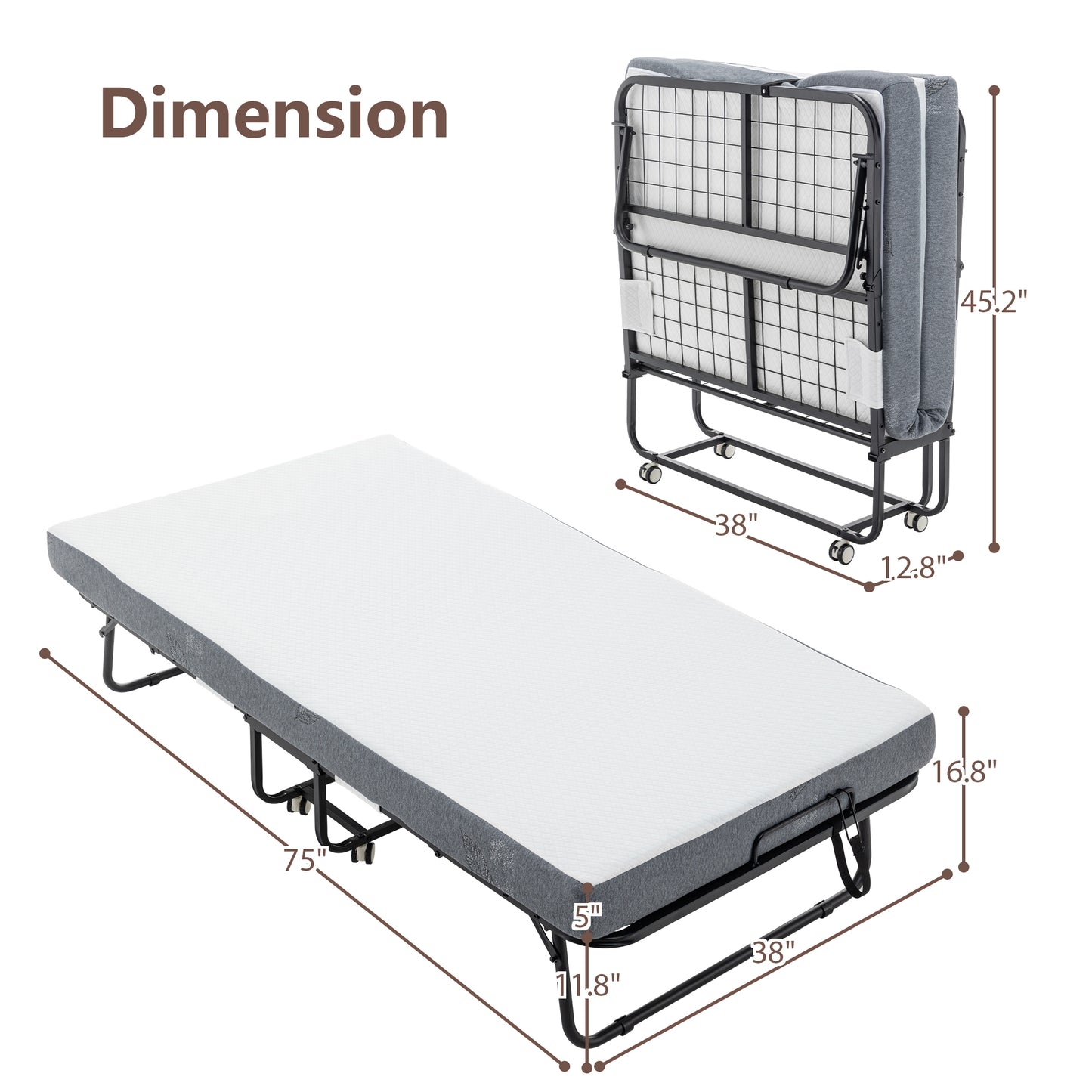 Folding Bed with Mattress, SPortable Foldable Bed with Storage Cover, SRollaway Bed for Adults with Memory Foam Mattress and Metal Frame, SCot Size Guest Bed on Wheels, Twin Bed