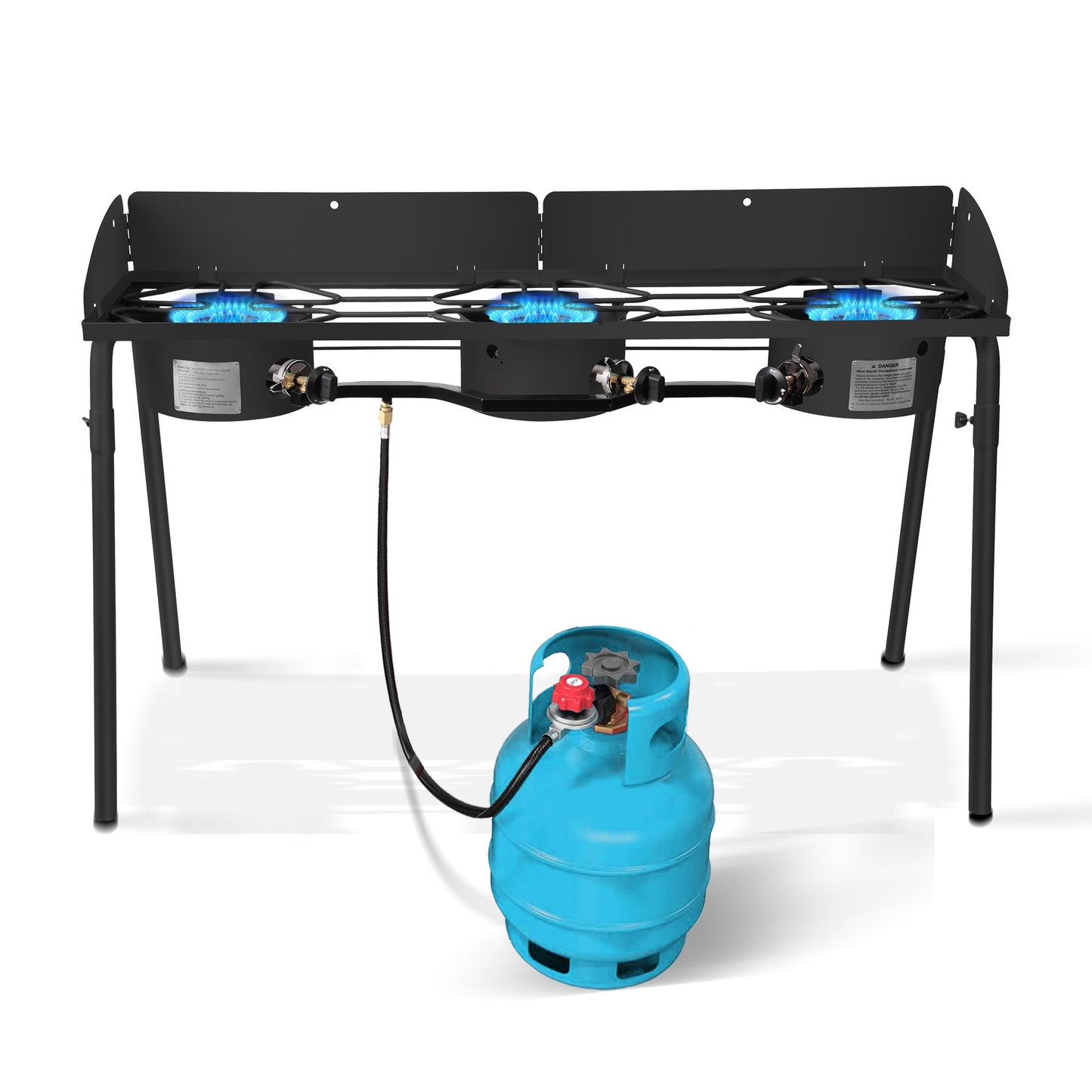 Three Burner Outdoor Camping Gas Stove With Removable Legs Carry Bag And Windshield Propane Stove CSA Certified Black