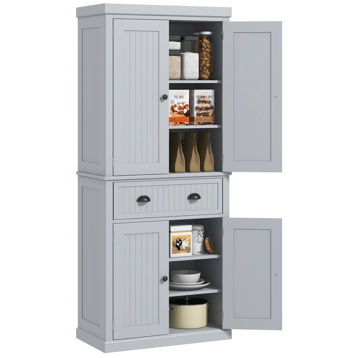 Freestanding Gray Kitchen Pantry with 4 Doors, 3 Adjustable Shelves, and Central Drawer - Traditional Beadboard Design