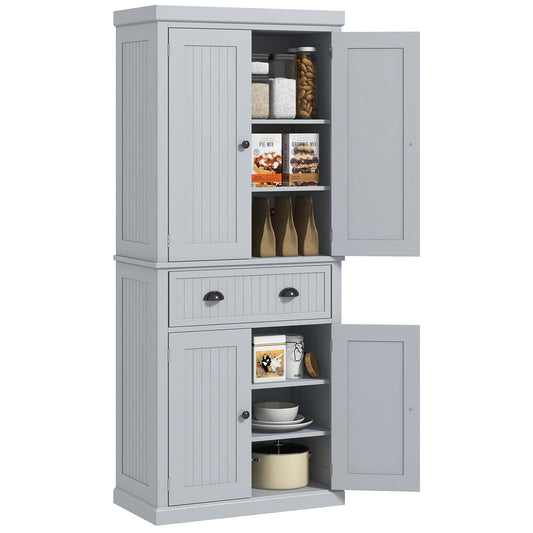Freestanding Gray Kitchen Pantry with 4 Doors, 3 Adjustable Shelves, and Central Drawer - Traditional Beadboard Design