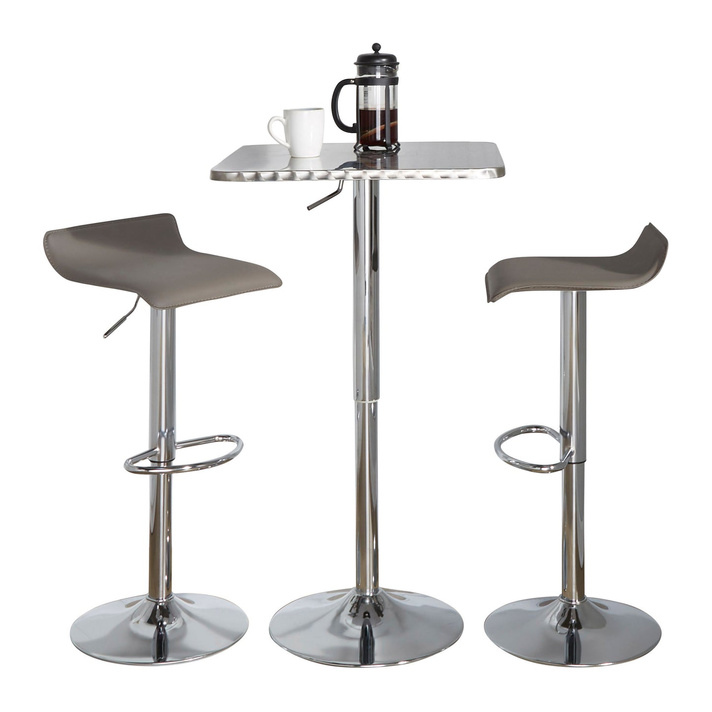 Contemporary Adjustable 3-Piece Square Bistro Bar Set with Oval Footrest, PVC Upholstery, Silver-Chrome