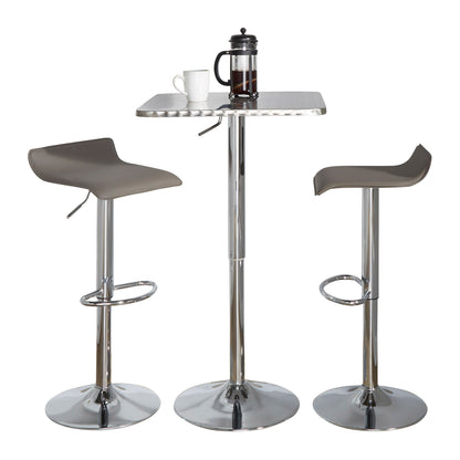 Contemporary Adjustable 3-Piece Square Bistro Bar Set with Oval Footrest, PVC Upholstery, Silver-Chrome