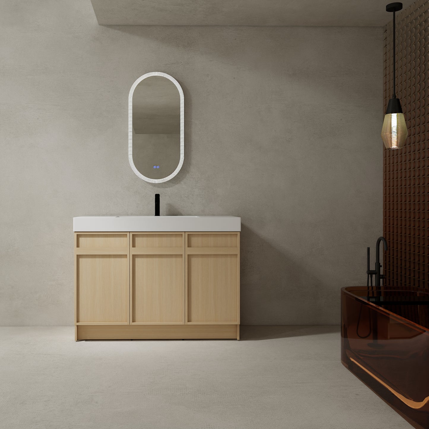 Modern 48" Freestanding Oak Bathroom Vanity with White Resin Sink & Soft-Close Doors