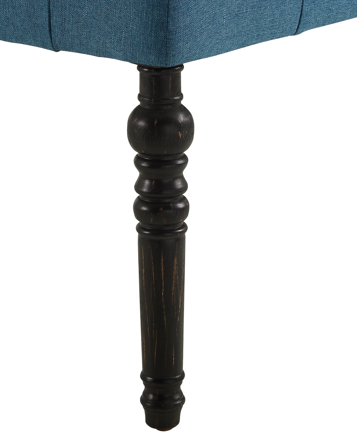 Solid Wood Dining Bench with Turned Legs, Button-Tufted Fabric Seat, 48W x 16D x 19.5H, Dining Room Seating, Blue