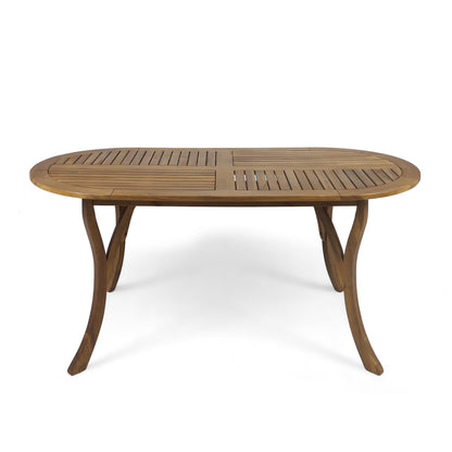 Outdoor Acacia Wood Dining Table With Slat Top And Smooth Lines 70 Inch Long 34.75 Inch Wide 30 Inch High Teak