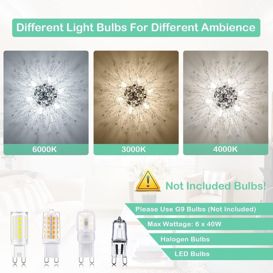 Crystal Sputnik Flush Mount Ceiling Light, 6 G9 Sockets, LED/Halogen, 19.5x11.8 in, Glam Fixture, Silver