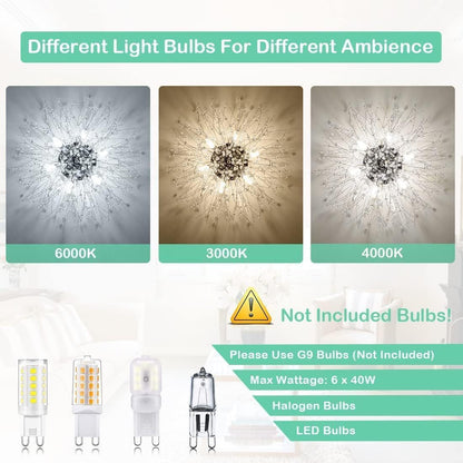 Crystal Sputnik Flush Mount Ceiling Light, 6 G9 Sockets, LED/Halogen, 19.5x11.8 in, Glam Fixture, Silver