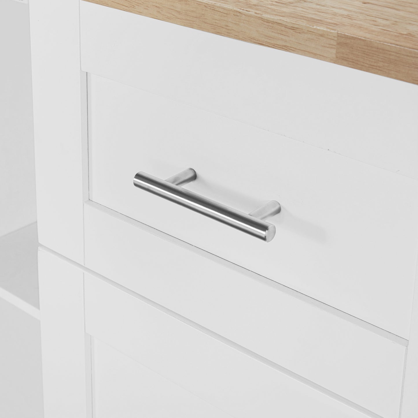 K&K Multi-Function Rolling Kitchen Cart with Storage, Rubber Wood Top, 3 Drawers, 2 Slide-Out Shelves, and Spice Rack, White