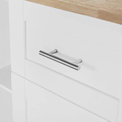 K&K Multi-Function Rolling Kitchen Cart with Storage, Rubber Wood Top, 3 Drawers, 2 Slide-Out Shelves, and Spice Rack, White