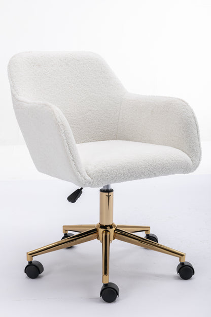 Elegant White Teddy Fabric Home Office Chair with Gold Metal Legs and 360° Swivel Function