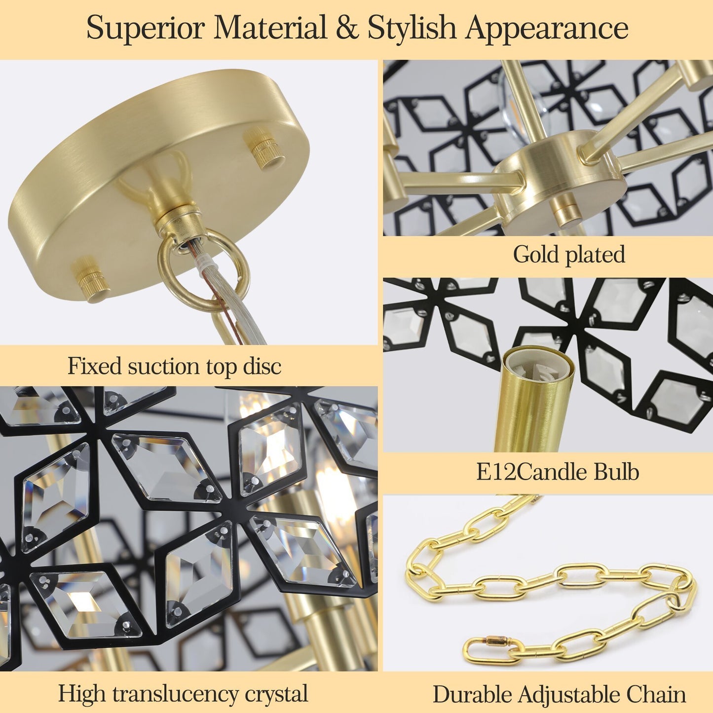 Modern Crystal Chandelier for Living Room - 5-Light Pendant, K9 Crystals, Sand Gold and Black Finish