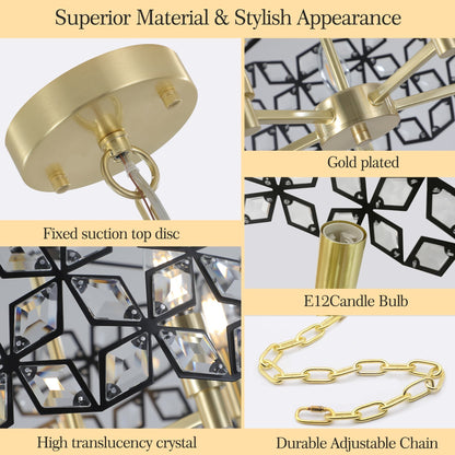 Modern Crystal Chandelier for Living Room - 5-Light Pendant, K9 Crystals, Sand Gold and Black Finish