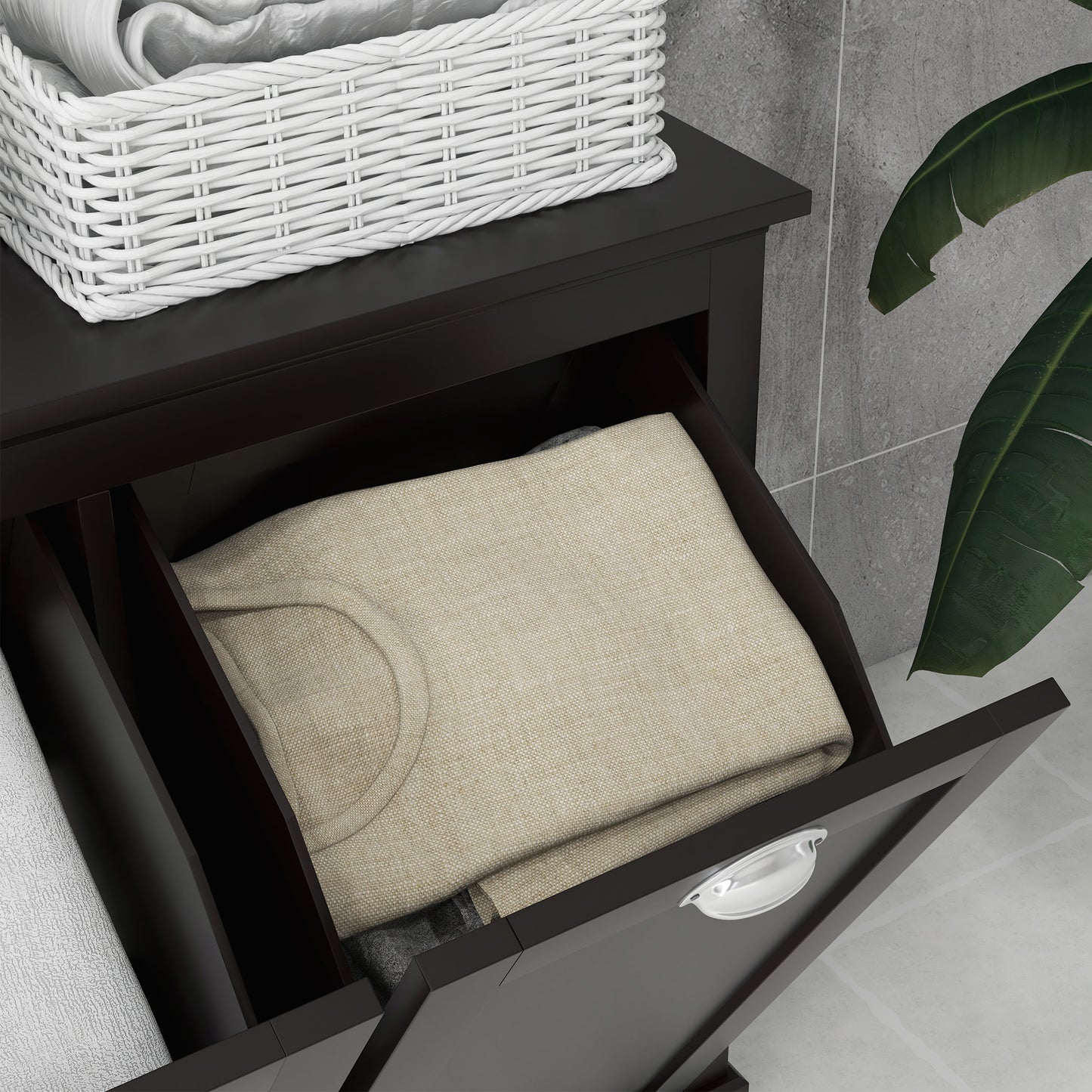 Modern Black Dual Compartment Laundry Hamper Cabinet with Tilt-Out Design for Bathroom Storage