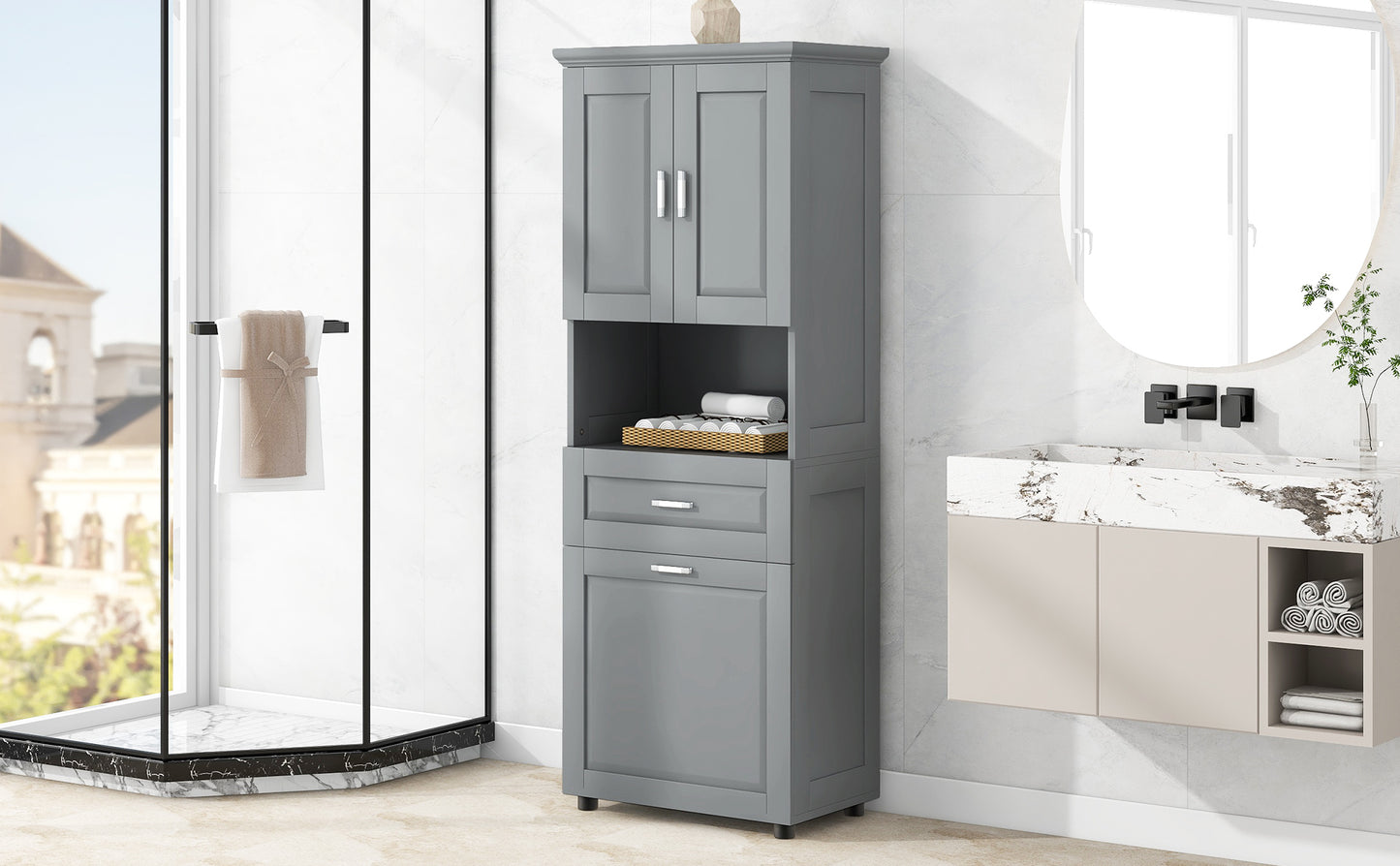 Tall Grey Storage Cabinet with Removable Laundry Hamper, Multi-Functional Upper Shelves and Cabinet Doors