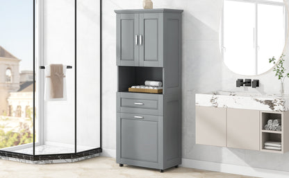 Tall Grey Storage Cabinet with Removable Laundry Hamper, Multi-Functional Upper Shelves and Cabinet Doors
