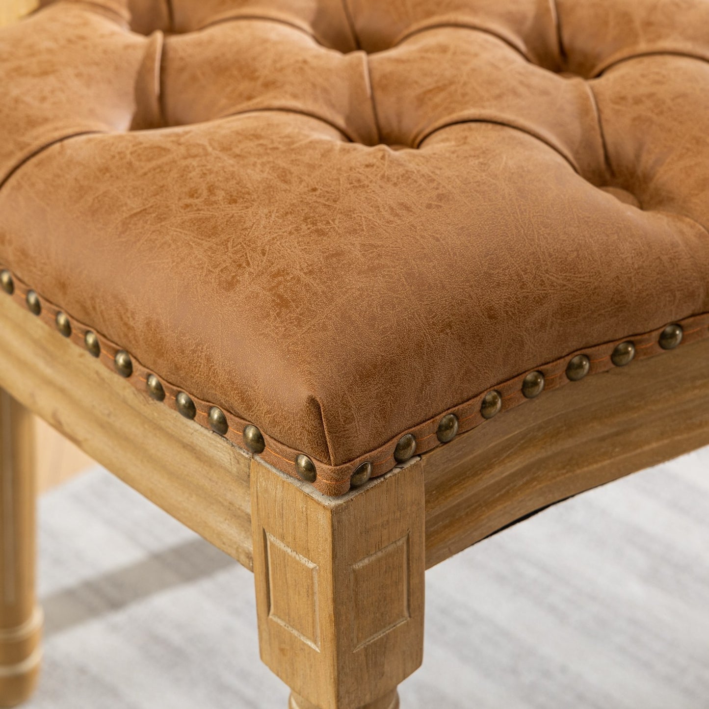 French Style Solid Wood Dining Chair Set of 2 with PU Leather, Nailhead, High Back, Rubberwood Orange