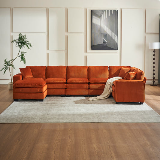 U-Shaped Modular Sectional Sofa with Ottoman and 3 Toss Pillows, 7-Seat Corduroy Sofa for Living Room, Orange