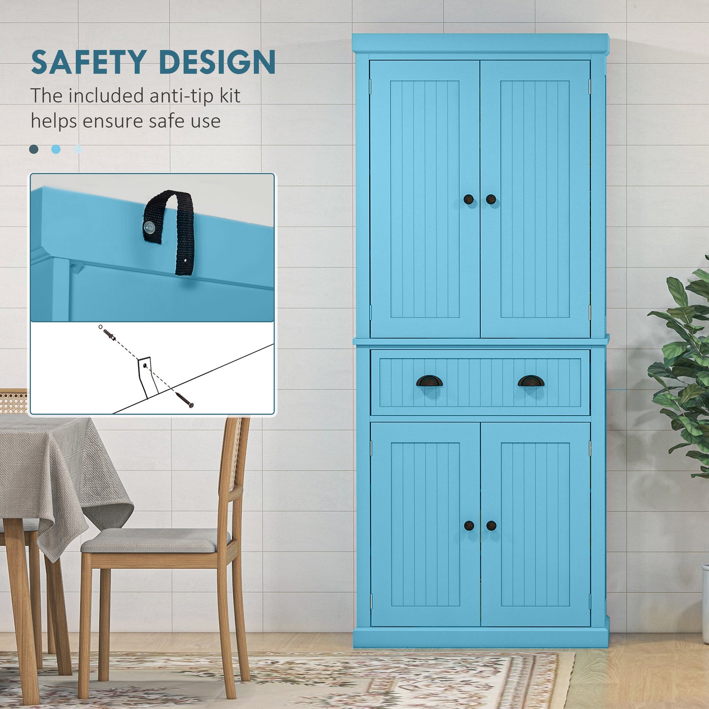 Light Blue Freestanding 72" Kitchen Pantry Cabinet with Adjustable Shelves and Traditional Design