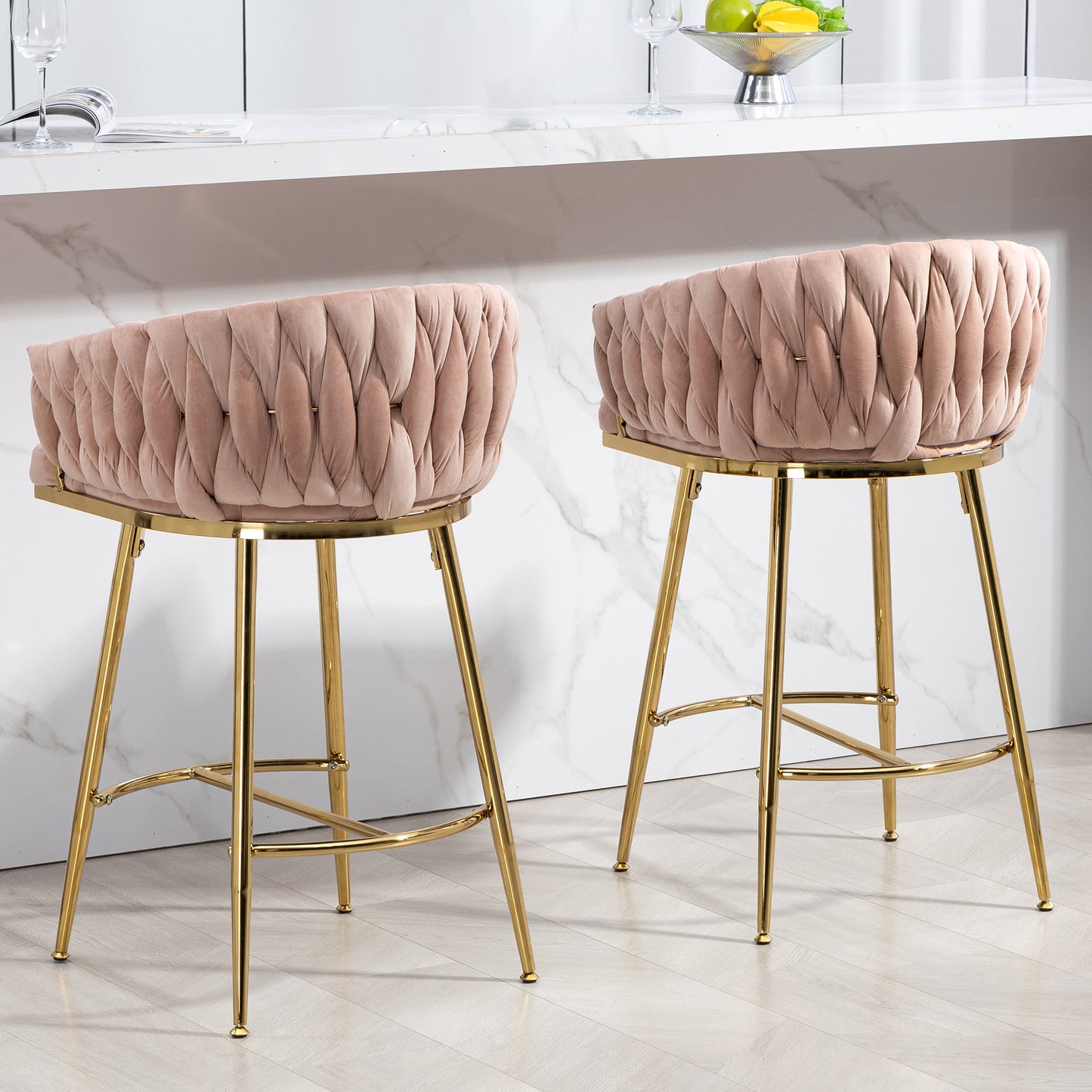 26 Inch Bar Stools Set Of 2 Pink Velvet Golden Base Premium