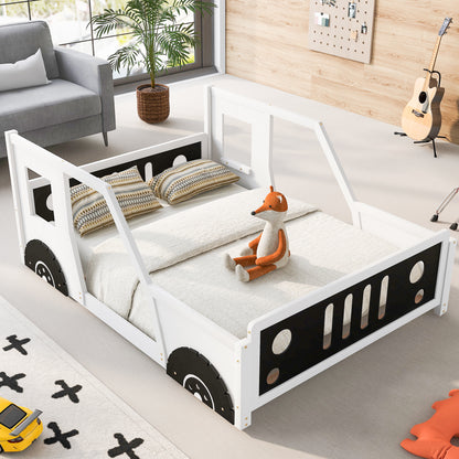 Classic Car-Themed Full Size Platform Bed with Wheels in White