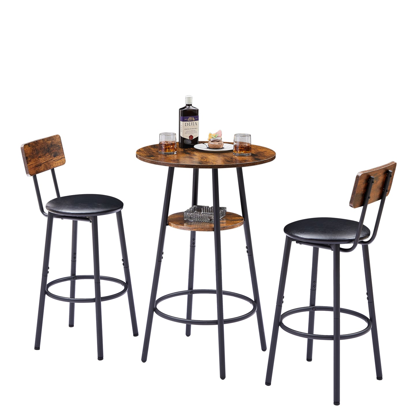 Round Bar Stool Set with Built-In Shelf, Upholstered Seat and Backrest for Kitchen Bar, Rustic Brown